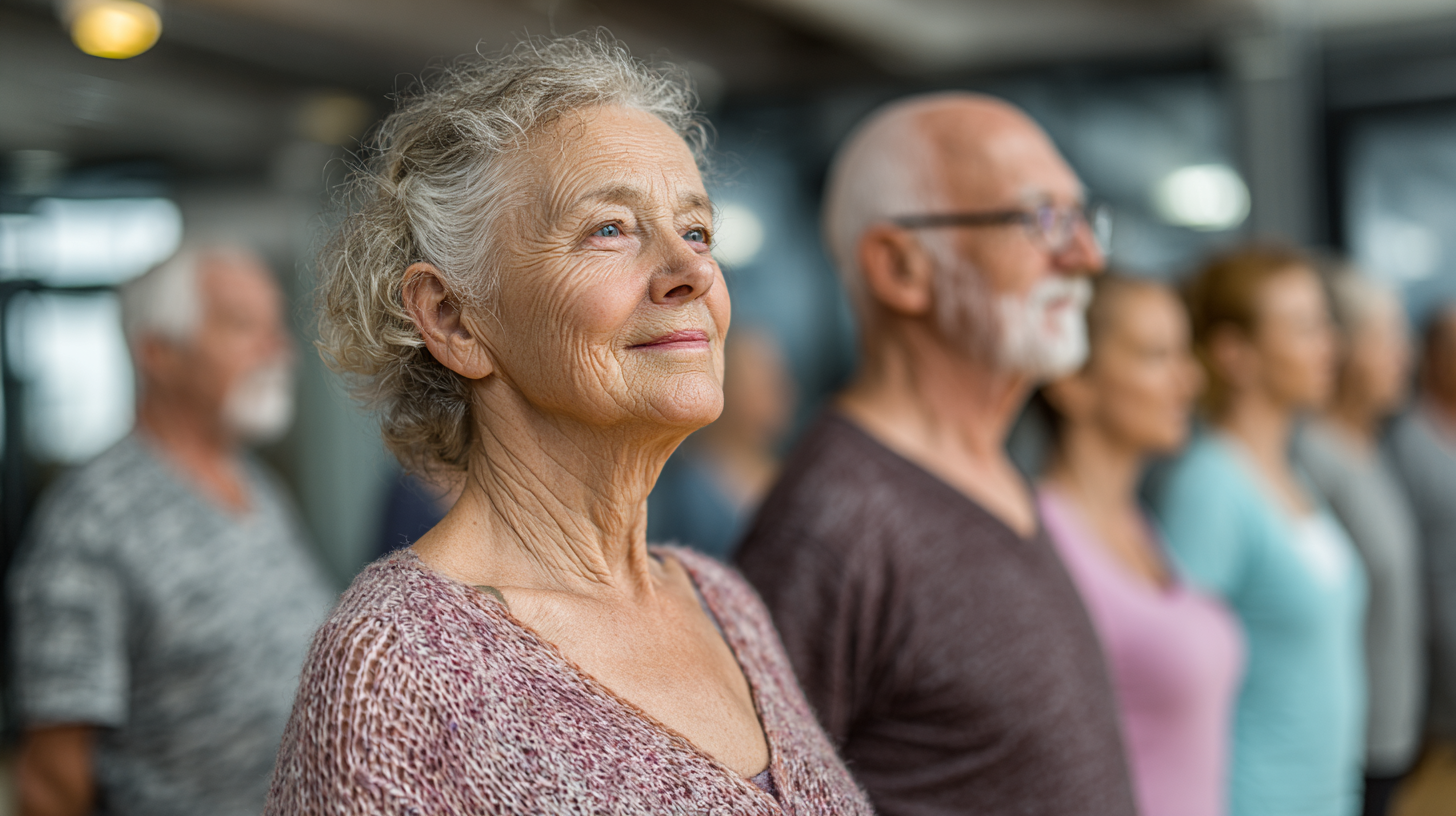 Група старших людей медитує в тихому саду біля озера